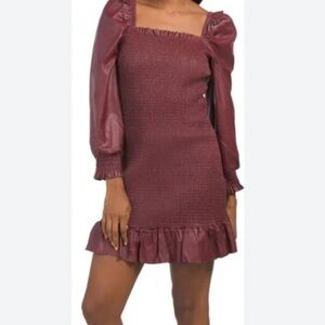 7 For All Mankind Faux Leather Smocked burgundy Ruffle Mini Long Sleeve Dress‎ L